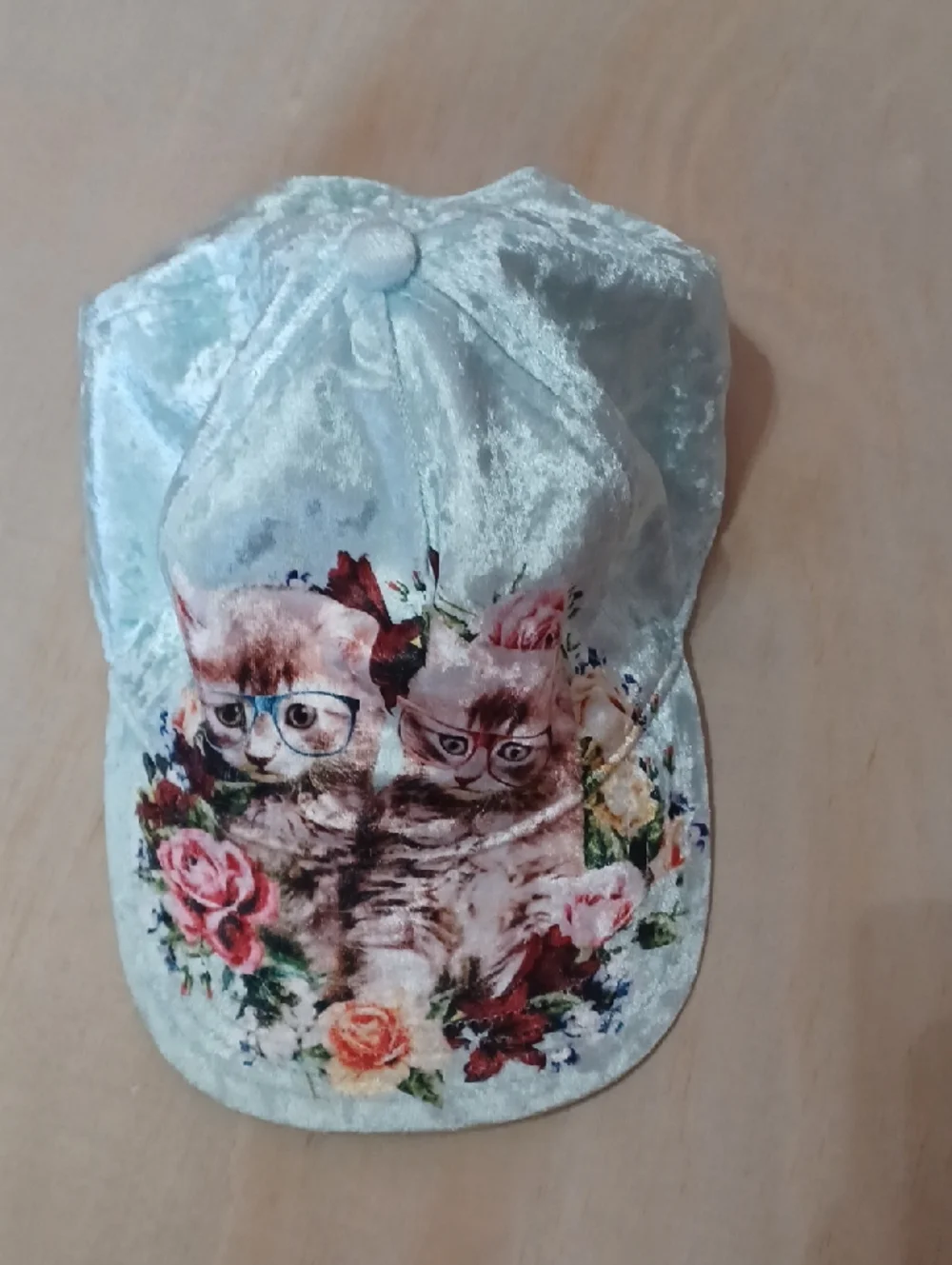 Justice Girls Crushed Velvet Hipster Kitten Baseball Cap Mint Green Cats Roses